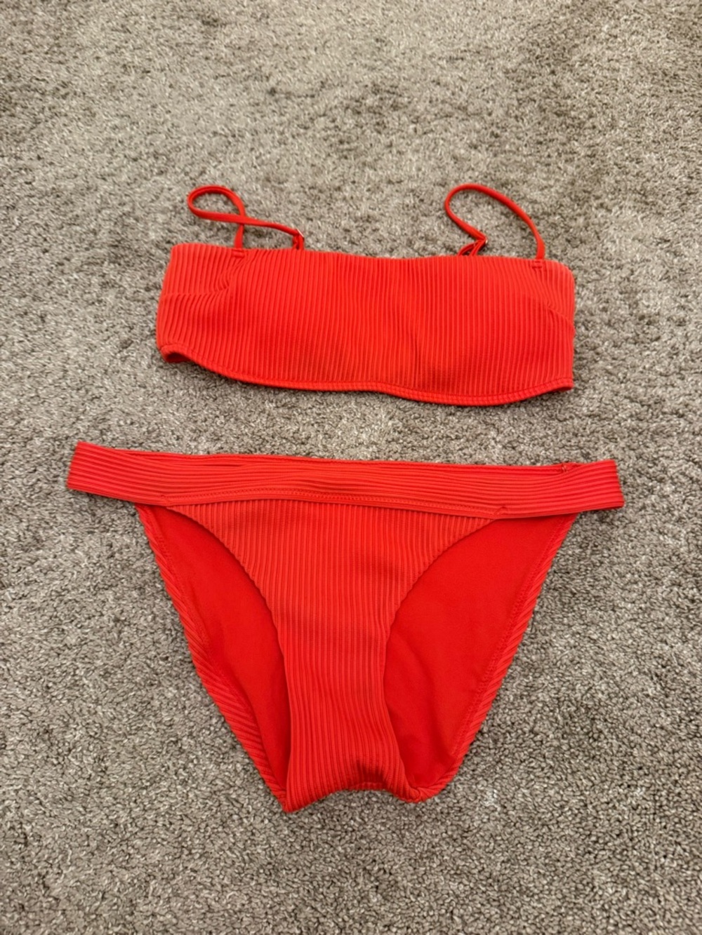 Hollister Coral-Red Ribbed Bandeau Bikini Set